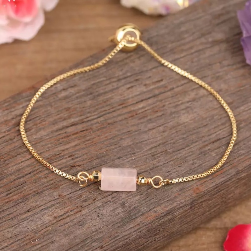 Natural Rose Quartz Crystal 18k Gold Plated Cord Bracelet